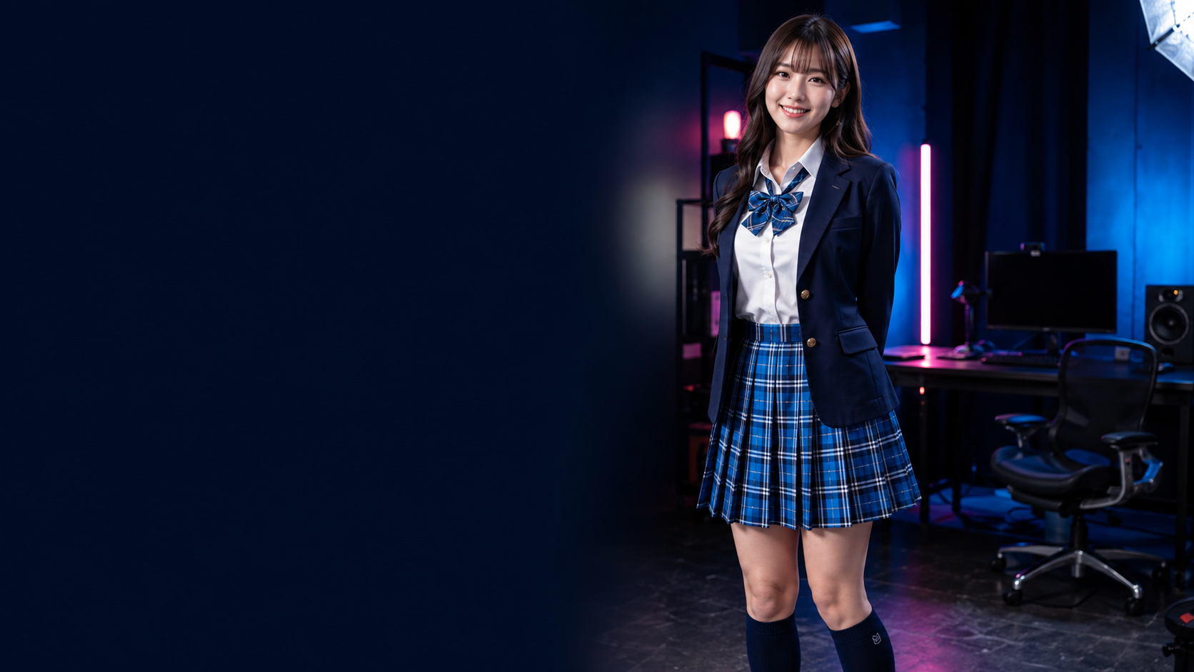 夜の制作机の前に立つ、青チェックの制服コスプレを着た架空の成人女性