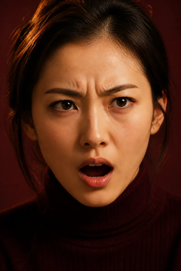赤い光の中で集中した表情を見せる架空の成人女性の顔