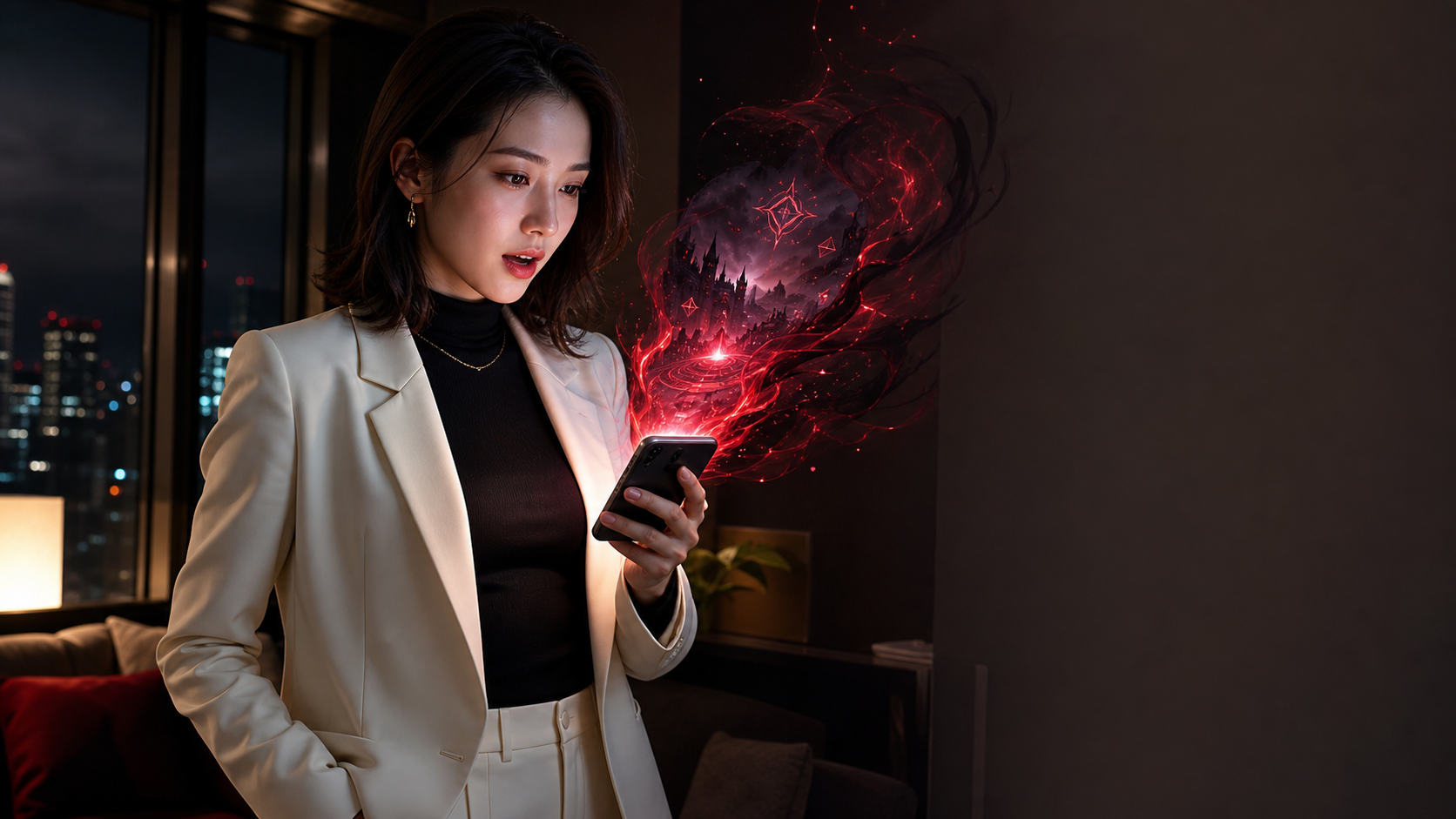 スマートフォンから赤いゲーム世界が広がるのを見る白いスーツの成人女性