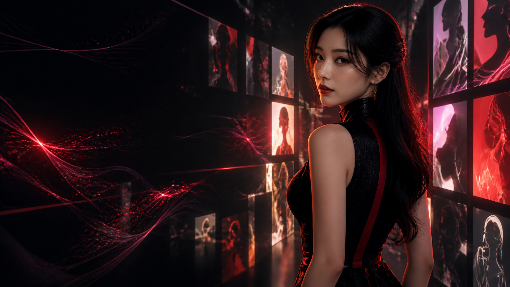 赤い光のデジタルギャラリーに立つ黒いドレスの成人女性