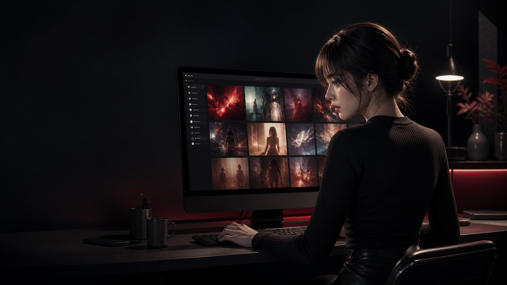 夜の制作机で、抽象的なギャラリー表示を見ながら創作する架空の成人女性