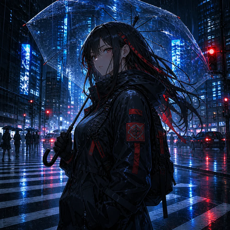 雨上がりの交差点と透明傘を描く夜景イラスト