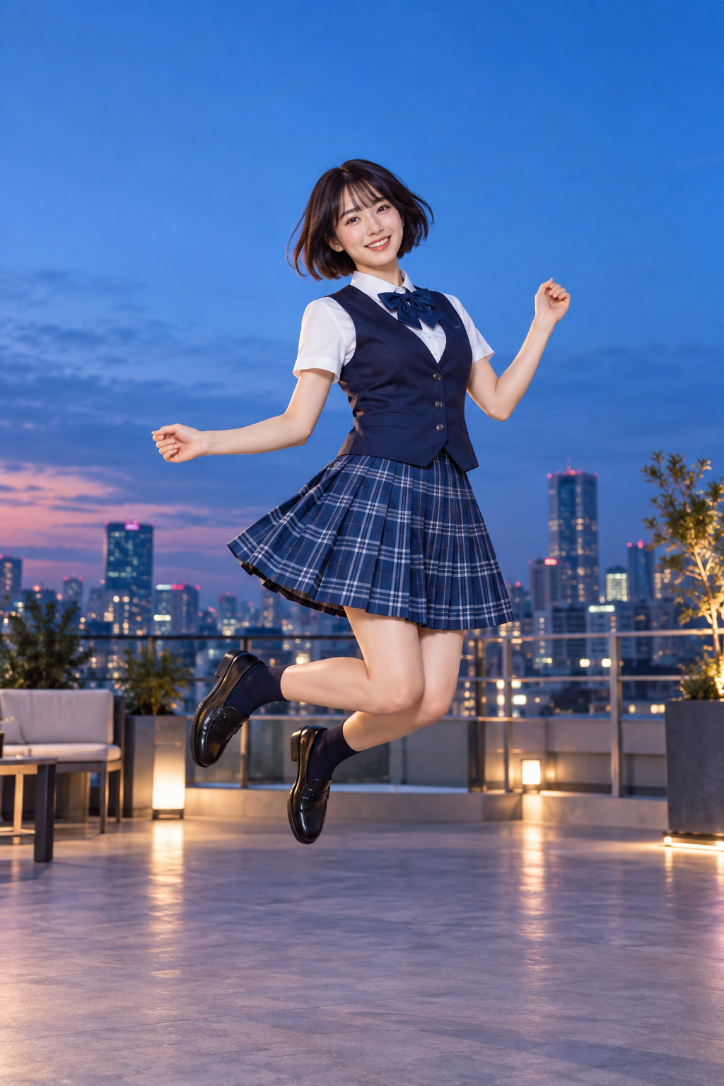 青いチェックの成人コスプレ衣装で、青い夕暮れの屋上を軽く跳ぶ架空の成人女性