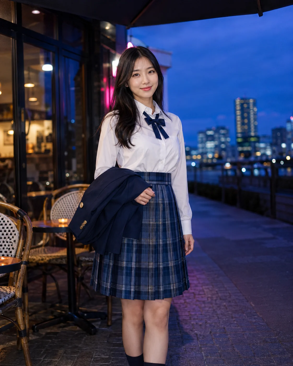 青チェックの制服コスプレを着た架空の成人女性が夜カフェに立つAI画像