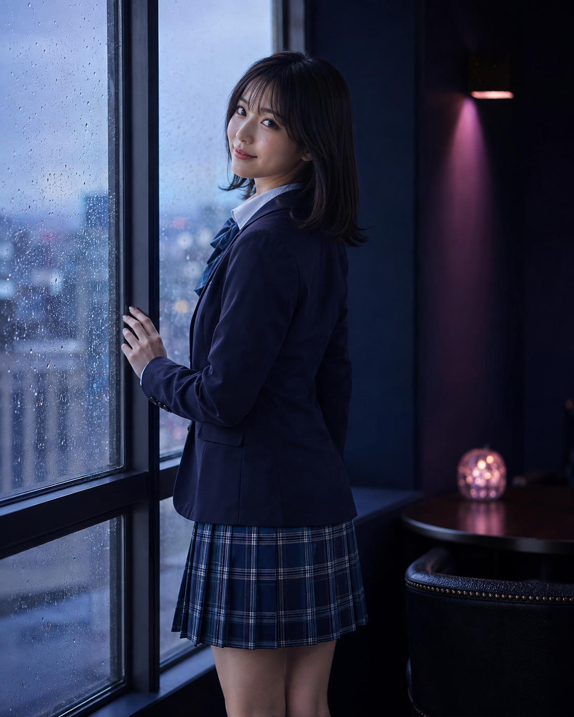 雨の窓辺で振り返る、紺色の制服風コスプレを着た架空の成人女性