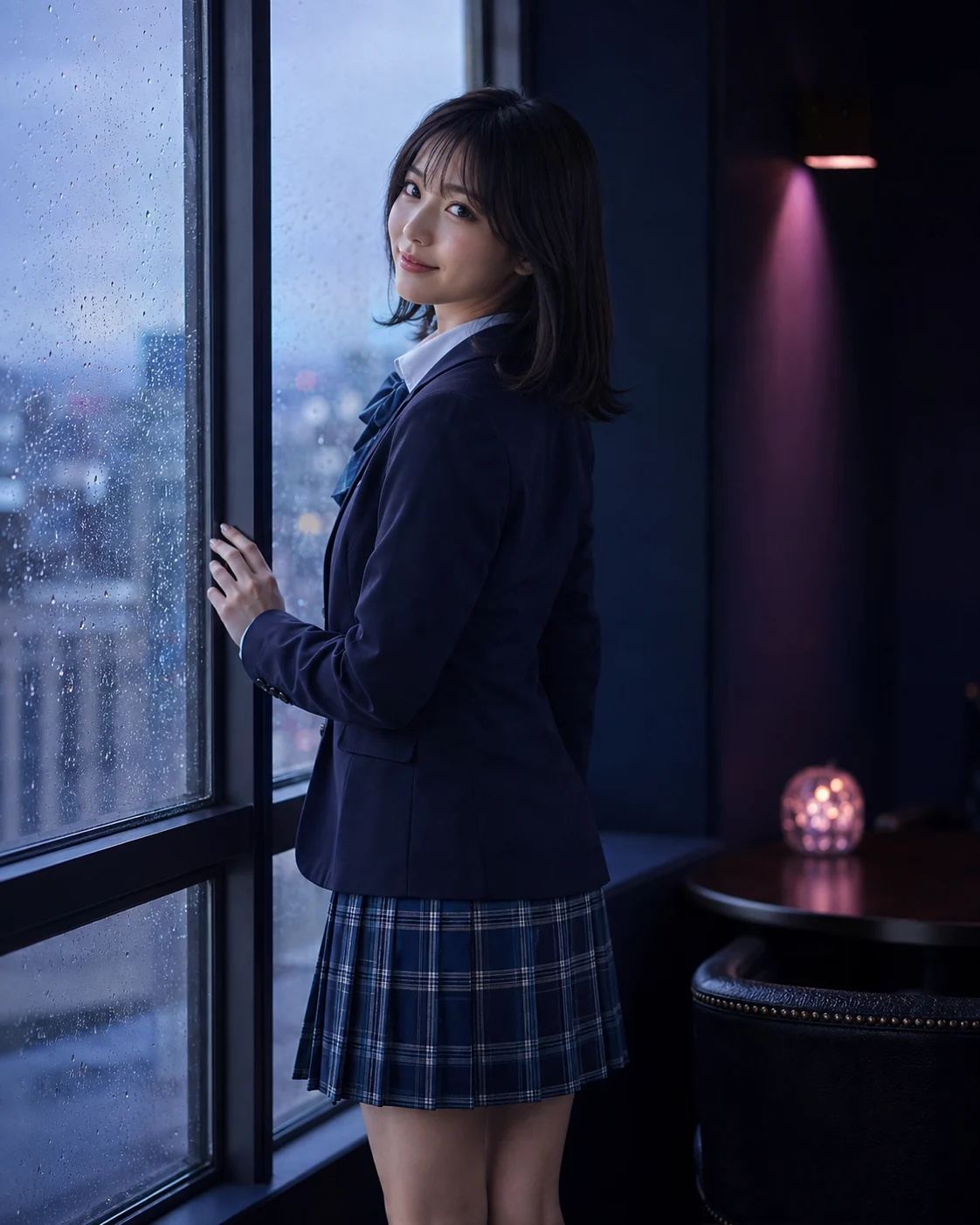 雨の窓辺で振り向く、青チェックの制服コスプレを着た架空の成人女性のAI画像