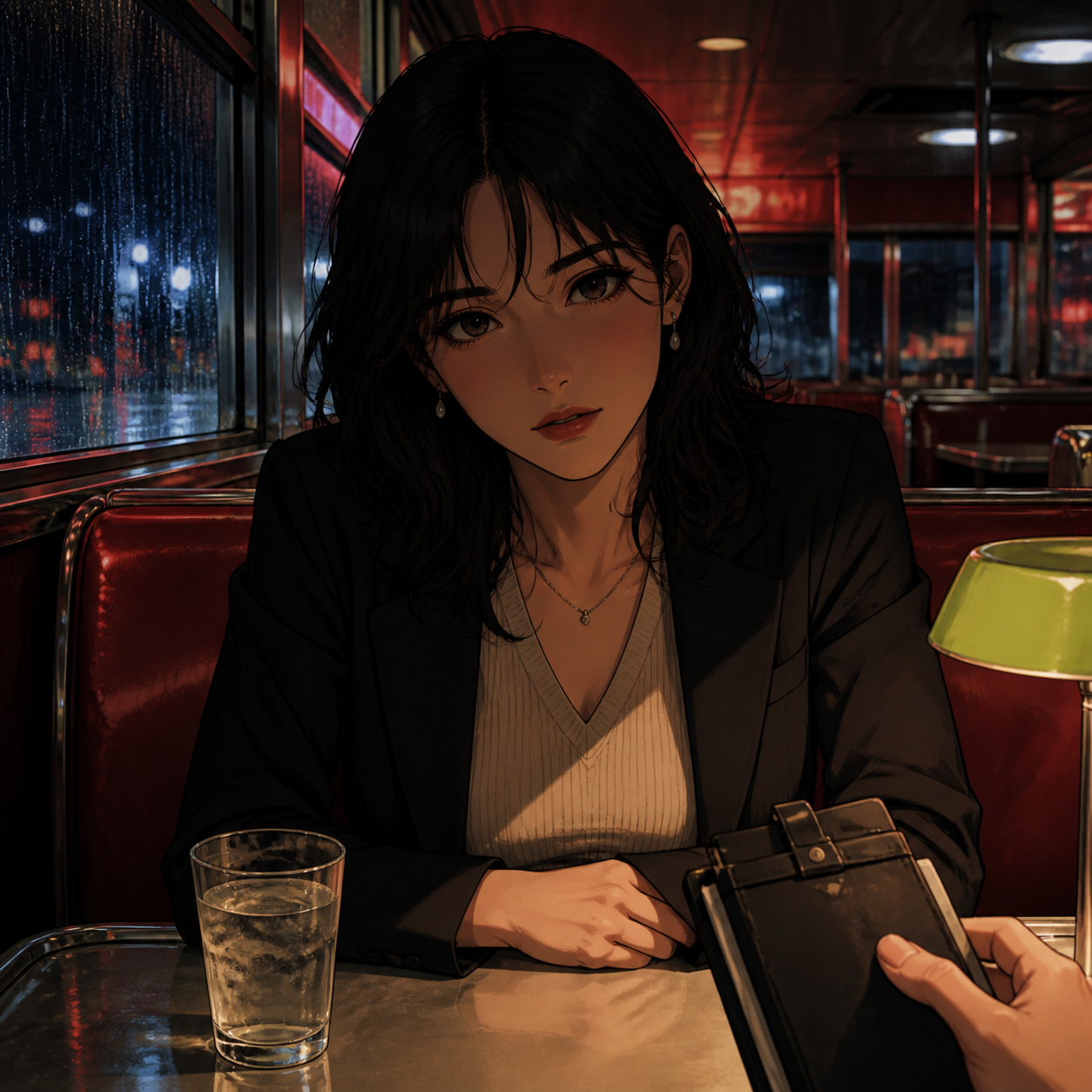 雨の夜のダイナーで向かいの席から見つめる成人女性