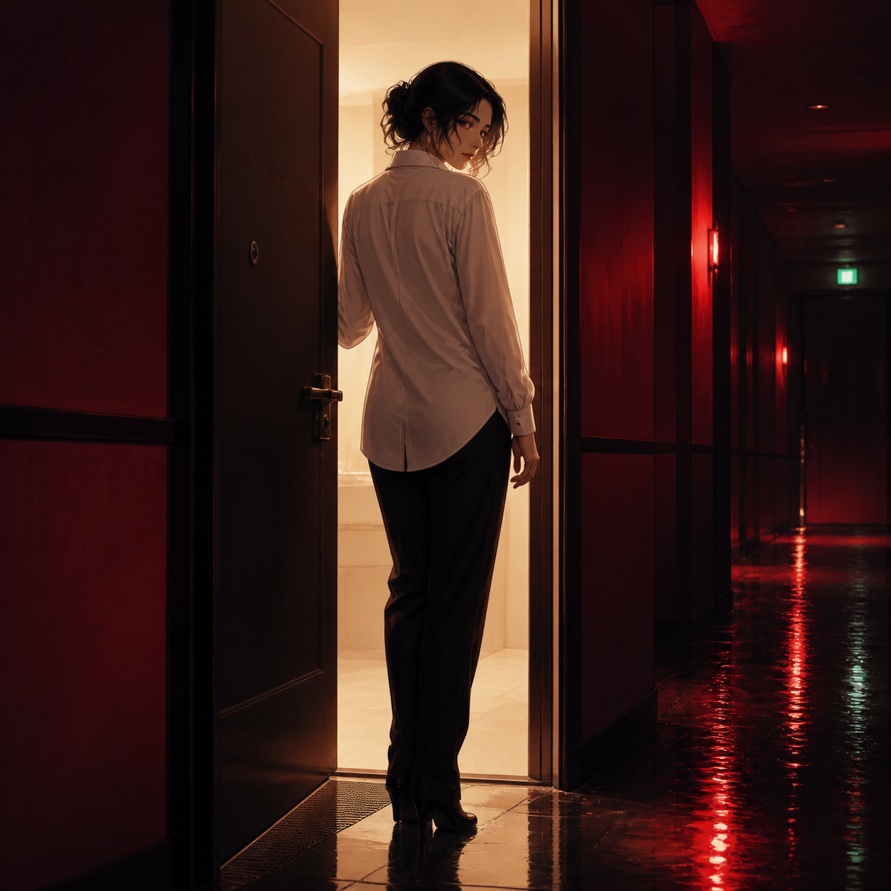 赤い廊下の扉で振り返る成人女性