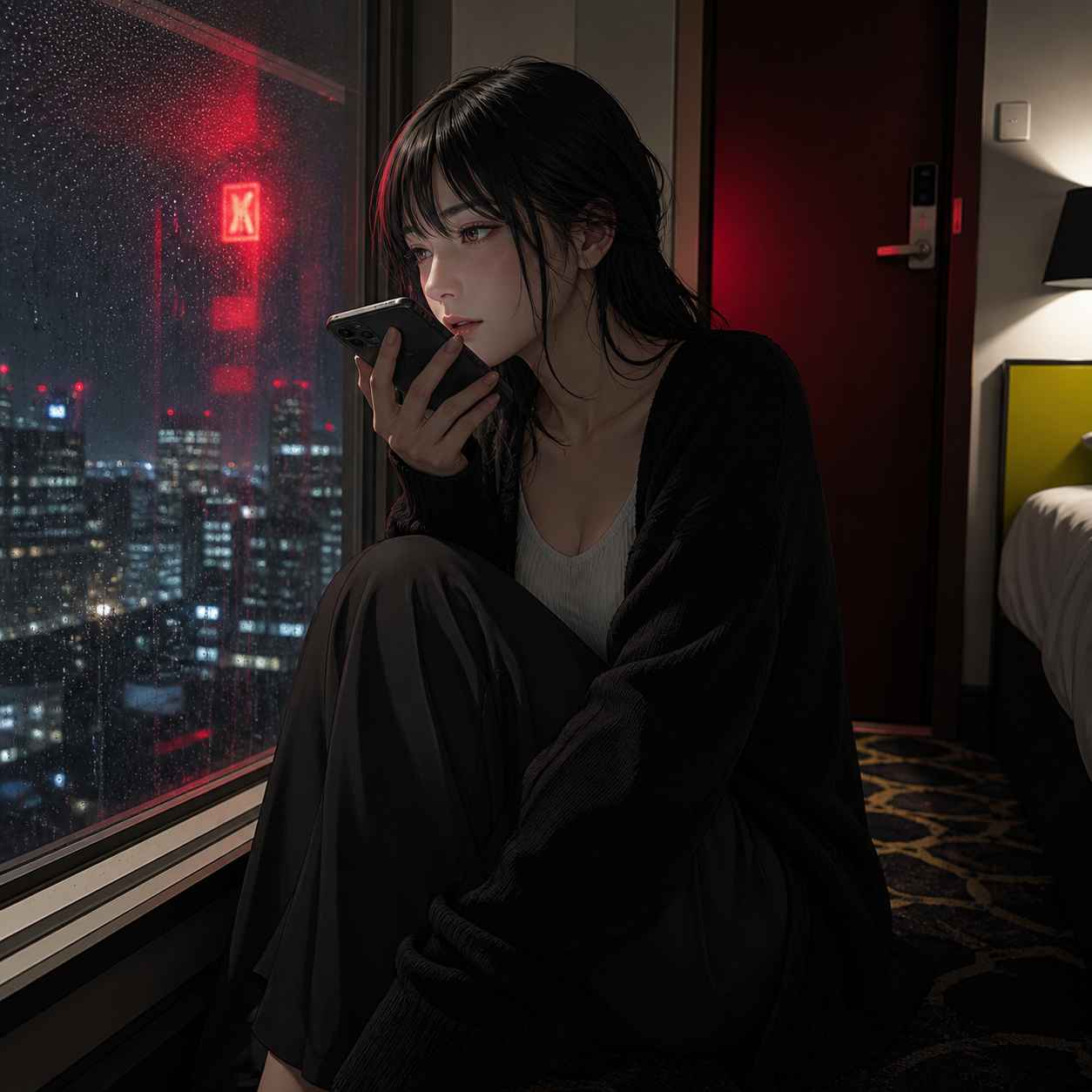 雨の夜にホテルの窓際でスマートフォンを持つ成人女性