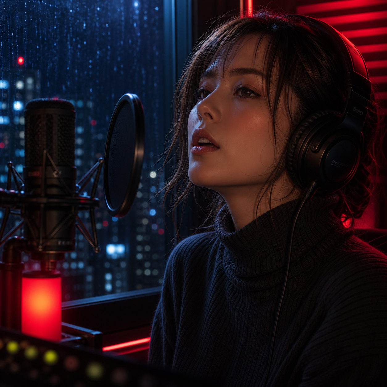 雨の夜にヘッドホンとマイクへ向かう成人女性